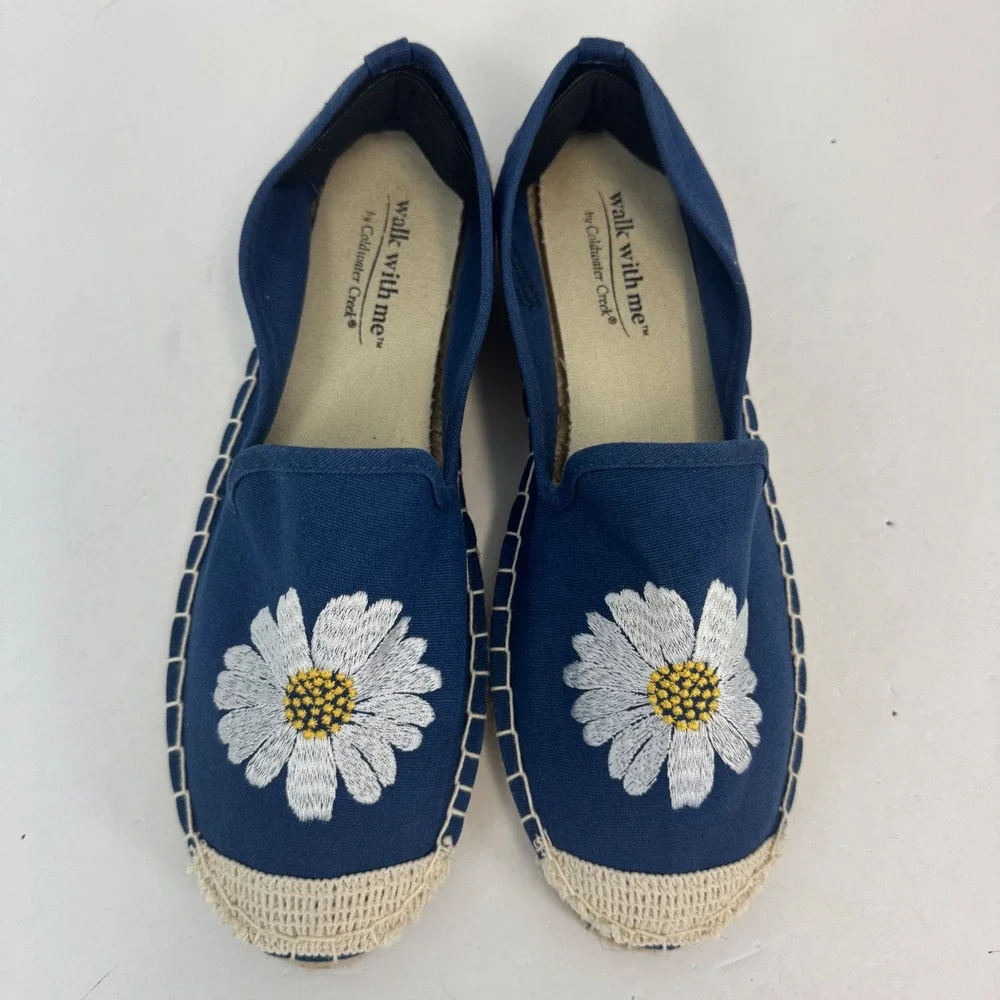 Coldwater Creek Walk With Me Navy Blue Daisy Embroidered Espadrille Flats Sz 7.5